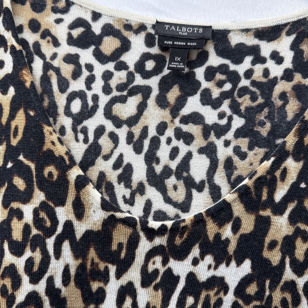 Talbots Women's Merino Wool Sweater Top Size 1X Black Brown Leopard Long Sleeves - Picture 3 of 9